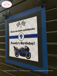 Motorcycle Birthday Party Door Banner Driver Blue Boy Girl Checkered Flag Black Enduro Street Bike Race Boogie Bear Invitations Randy Theme