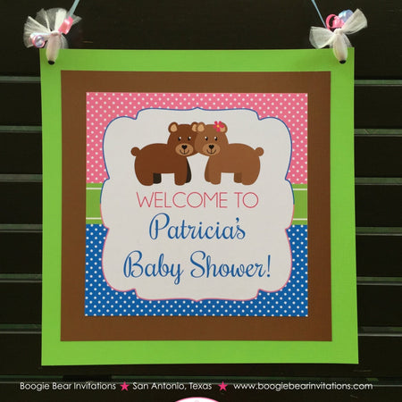 Twin Bear Baby Shower Door Banner Birthday Party Boy Girl Pink Blue Green Brown Polka Dot Wild Zoo Boogie Bear Invitations Patricia Theme