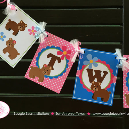 Twin Bear Baby Shower Party Banner Dot Girl Boy Birthday Cute Pink Blue Green Brown Double 1st 2nd Boogie Bear Invitations Patricia Theme