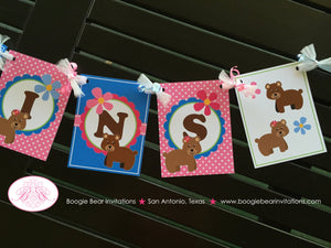 Twin Bear Baby Shower Party Banner Dot Girl Boy Birthday Cute Pink Blue Green Brown Double 1st 2nd Boogie Bear Invitations Patricia Theme