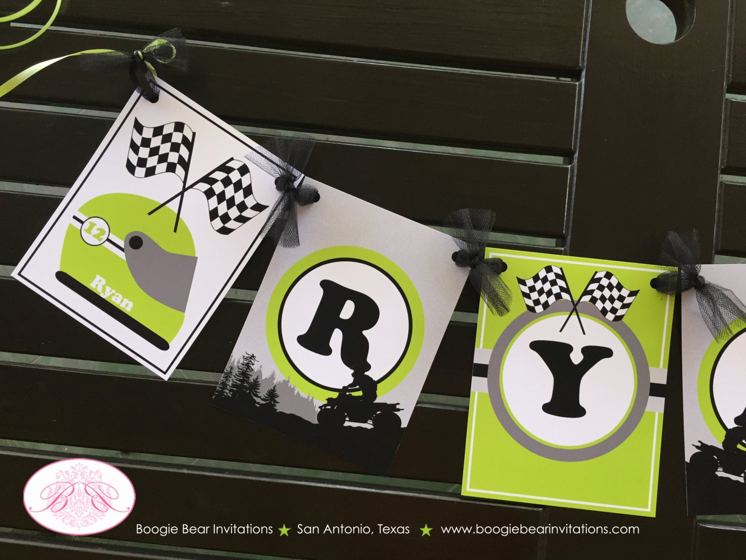 ATV 4 Wheel Birthday Party Name Banner Racing Green Boogie Bear Invitations Ryan Theme