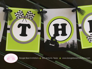 ATV Happy Birthday Party Banner Race Black Lime Green All Terrain Vehicle Quad 4 Wheeler Racing Track Boogie Bear Invitations Ryan Theme