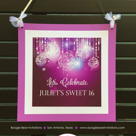 Purple Glowing Ornaments Door Banner Birthday Party Sweet 16 Fuchsia Party Formal Elegant Dance Dinner Boogie Bear Invitations Juliet Theme