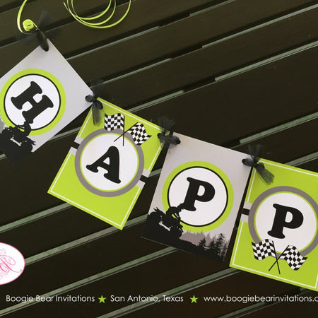 ATV Happy Birthday Party Banner Race Black Lime Green All Terrain Vehicle Quad 4 Wheeler Racing Track Boogie Bear Invitations Ryan Theme