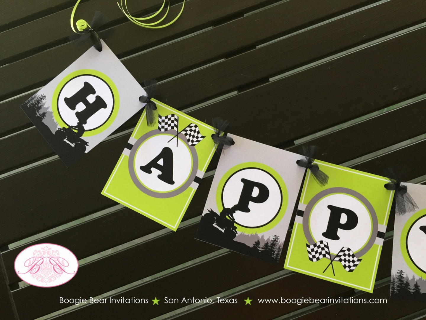 ATV Happy Birthday Party Banner Race Black Lime Green All Terrain Vehicle Quad 4 Wheeler Racing Track Boogie Bear Invitations Ryan Theme