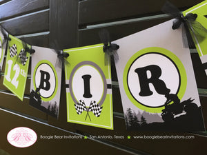 ATV Happy Birthday Party Banner Race Black Lime Green All Terrain Vehicle Quad 4 Wheeler Racing Track Boogie Bear Invitations Ryan Theme