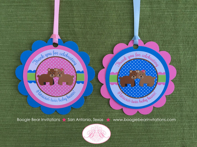 Twin Bear Baby Shower Favor Tags Boy Girl Reveal Pink Blue Polka Dot Birthday Party Zoo Wild Picnic Boogie Bear Invitations Patricia Theme