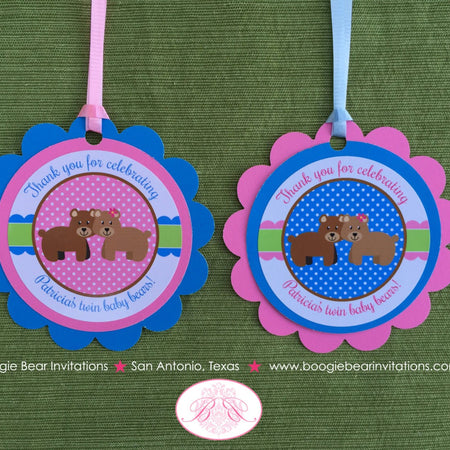 Twin Bear Baby Shower Favor Tags Boy Girl Reveal Pink Blue Polka Dot Birthday Party Zoo Wild Picnic Boogie Bear Invitations Patricia Theme