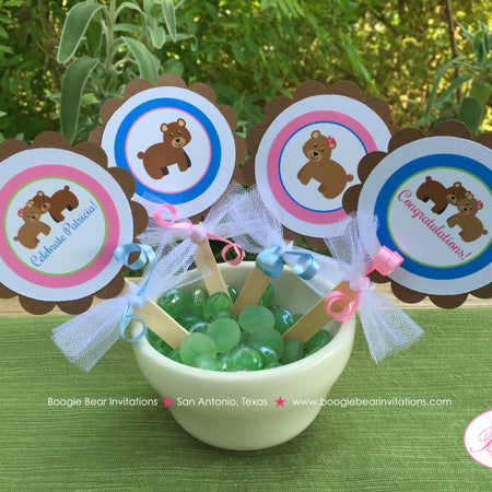 Twin Bear Baby Shower Cupcake Toppers Set Little Boy Girl Pink Blue Green Brown 1st Birthday Party Boogie Bear Invitations Patricia Theme