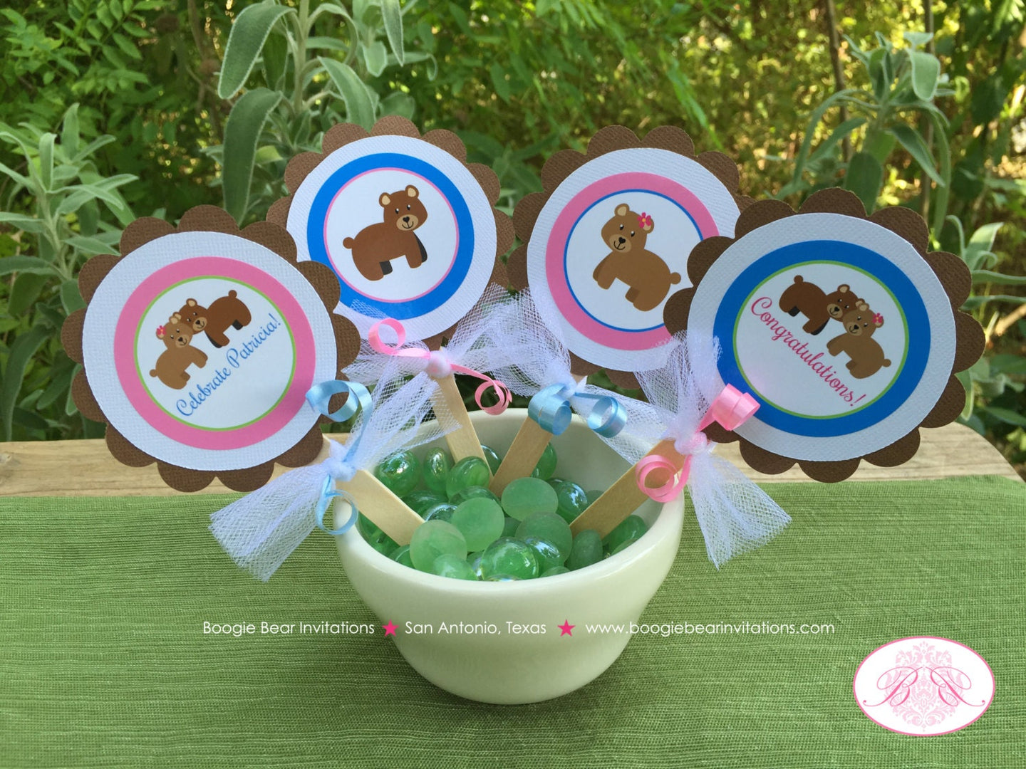 Twin Bear Baby Shower Cupcake Toppers Set Little Boy Girl Pink Blue Green Brown 1st Birthday Party Boogie Bear Invitations Patricia Theme