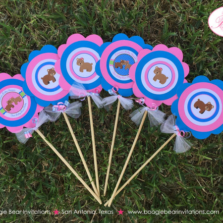 Twins Bear Baby Shower Centerpiece Sticks Set Pink Blue Birthday Party Woodland Animals Forest Zoo Boogie Bear Invitations Patricia Theme