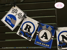 Load image into Gallery viewer, Motorcycle Name Birthday Party Banner Driver Racing Blue Black Enduro Motocross Racing Street Boy Girl Boogie Bear Invitations Randy Theme
