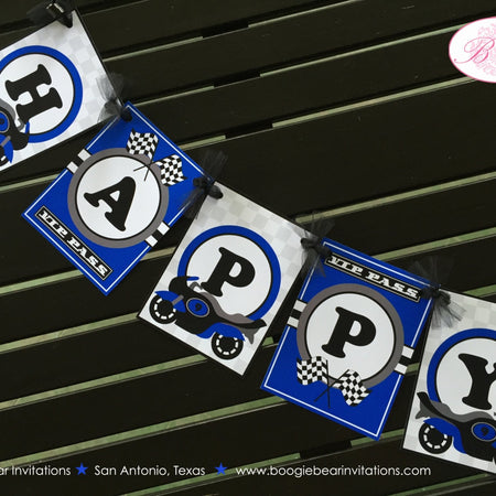 Motorcycle Happy Birthday Party Banner Blue Boy Girl Motocross Grand Prix Black Grey Pass Race Racing Boogie Bear Invitations Randy Theme