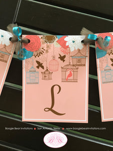 Garden Birds Birthday Party Name Banner Flowers Coral Girl Turquoise Aqua Teal 1st 21st 30th 40th 50th Boogie Bear Invitations Coralee Theme