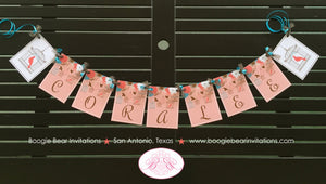 Garden Birds Birthday Party Name Banner Flowers Coral Girl Turquoise Aqua Teal 1st 21st 30th 40th 50th Boogie Bear Invitations Coralee Theme