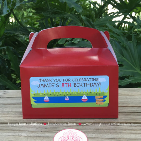 Lake Birthday Party Treat Boxes Favor Tags Sailing Boating Swimming Fishing River Forest Outdoor Park Boogie Bear Invitations Jamie Theme
