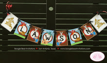 Load image into Gallery viewer, Dragon Knight Birthday Party Name Banner Boy Soldier Shield Red Brown Blue Flying 1st 2nd 3rd 4th 5th Boogie Bear Invitations Lawson Theme
