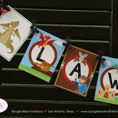 Dragon Knight Birthday Party Name Banner Boy Soldier Shield Red Brown Blue Flying 1st 2nd 3rd 4th 5th Boogie Bear Invitations Lawson Theme