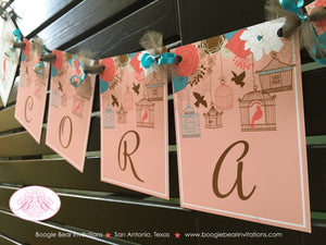 Garden Birds Birthday Party Name Banner Flowers Coral Girl Turquoise Aqua Teal 1st 21st 30th 40th 50th Boogie Bear Invitations Coralee Theme