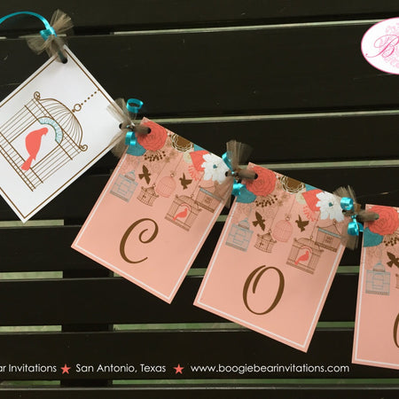 Garden Birds Birthday Party Name Banner Flowers Coral Girl Turquoise Aqua Teal 1st 21st 30th 40th 50th Boogie Bear Invitations Coralee Theme