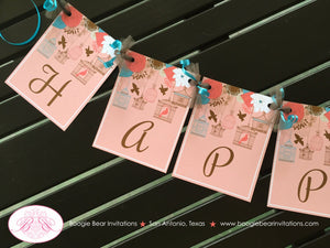 Garden Birds Happy Birthday Party Banner Flowers Coral Girl Turquoise Aqua Teal 1st 2nd 21st 30th 40th Boogie Bear Invitations Coralee Theme