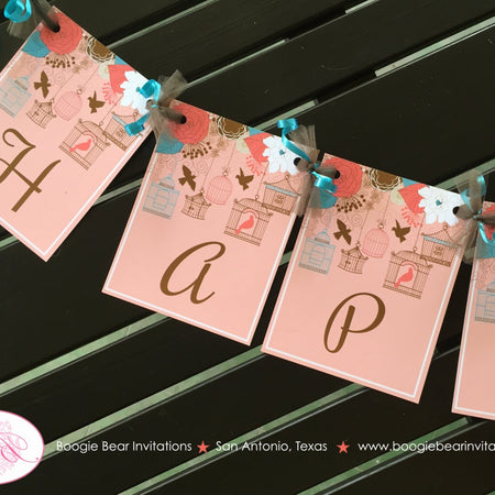 Garden Birds Happy Birthday Party Banner Flowers Coral Girl Turquoise Aqua Teal 1st 2nd 21st 30th 40th Boogie Bear Invitations Coralee Theme