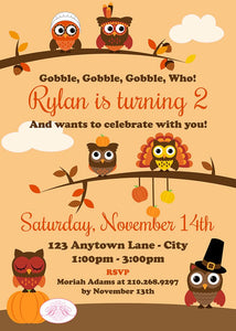 Thanksgiving Owls Birthday Party Invitation Girl Boy Fall Autumn Harvest Boogie Bear Invitations Paperless Printable Printed Rylan Theme