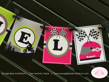 Load image into Gallery viewer, Dirt Bike Birthday Party Name Banner Pink Lime Green Girl Teen Speed Enduro Motocross Motorcycle Racing Boogie Bear Invitations Raquel Theme
