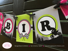 Load image into Gallery viewer, Dirt Bike Happy Birthday Party Banner Pink Lime Green Girl Teen Speed 1st 5th 6th 7th 8th 9th 10th Age Boogie Bear Invitations Raquel Theme