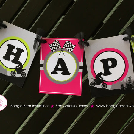 Dirt Bike Happy Birthday Party Banner Pink Lime Green Girl Teen Speed 1st 5th 6th 7th 8th 9th 10th Age Boogie Bear Invitations Raquel Theme