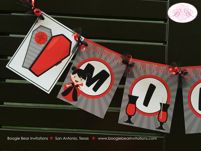 Vampire Girl Birthday Party Name Banner Halloween Blood Fang Bite Coffin 1st 4th 5th 6th 7th 8th 9th 10th Boogie Bear Invitations Mina Theme