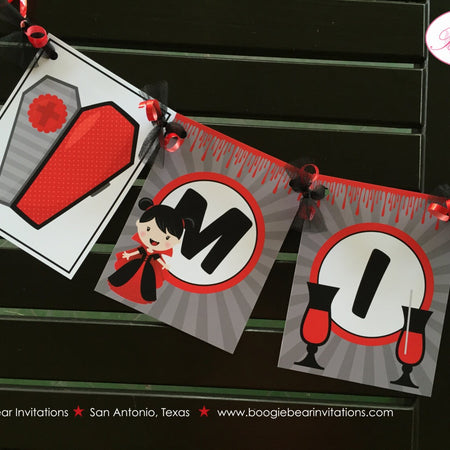 Vampire Girl Birthday Party Name Banner Halloween Blood Fang Bite Coffin 1st 4th 5th 6th 7th 8th 9th 10th Boogie Bear Invitations Mina Theme