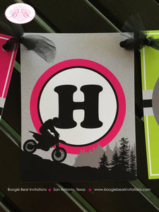 Dirt Bike Happy Birthday Party Banner Pink Lime Green Girl Teen Speed 1st 5th 6th 7th 8th 9th 10th Age Boogie Bear Invitations Raquel Theme