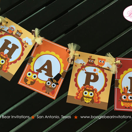 Thanksgiving Owl Happy Birthday Banner Party Girl Boy Fall Harvest Orange Brown Autumn Turkey Pumpkin Boogie Bear Invitations Rylan Theme