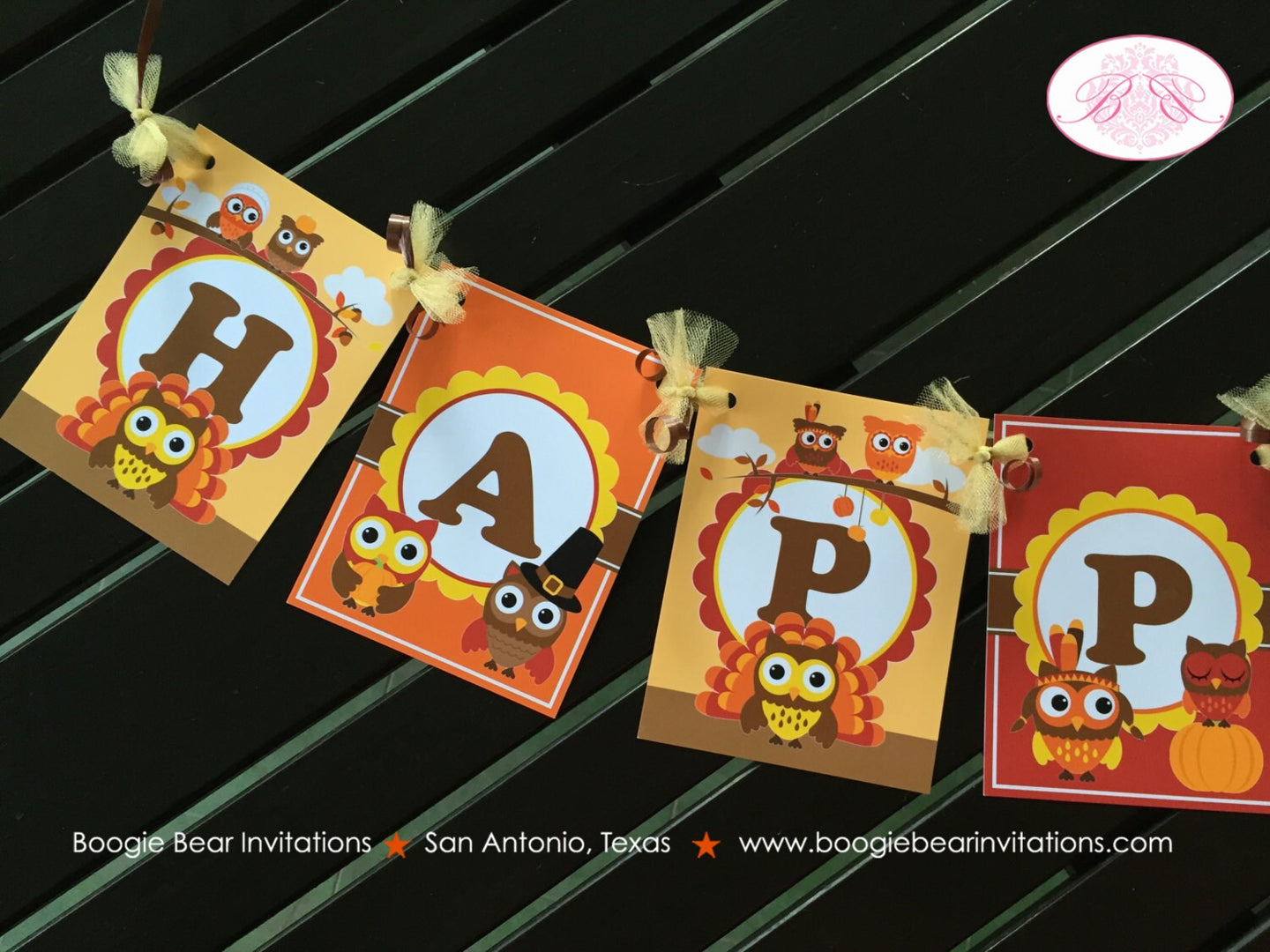 Thanksgiving Owl Happy Birthday Banner Party Girl Boy Fall Harvest Orange Brown Autumn Turkey Pumpkin Boogie Bear Invitations Rylan Theme