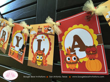 Load image into Gallery viewer, Thanksgiving Owls Party Name Banner Birthday Boy Girl Fall Harvest Orange Brown Red Autumn Farm Pumpkin Boogie Bear Invitations Rylan Theme