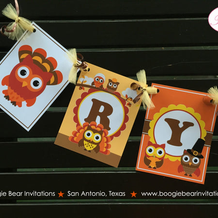 Thanksgiving Owls Party Name Banner Birthday Boy Girl Fall Harvest Orange Brown Red Autumn Farm Pumpkin Boogie Bear Invitations Rylan Theme