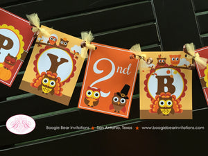 Thanksgiving Owl Happy Birthday Banner Party Girl Boy Fall Harvest Orange Brown Autumn Turkey Pumpkin Boogie Bear Invitations Rylan Theme