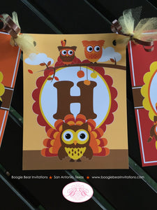 Thanksgiving Owl Happy Birthday Banner Party Girl Boy Fall Harvest Orange Brown Autumn Turkey Pumpkin Boogie Bear Invitations Rylan Theme