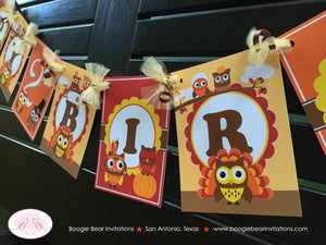 Thanksgiving Owl Happy Birthday Banner Party Girl Boy Fall Harvest Orange Brown Autumn Turkey Pumpkin Boogie Bear Invitations Rylan Theme