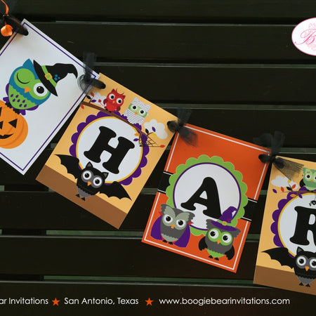 Halloween Owls Party Name Banner Birthday Boy Girl Yellow Orange Green Purple Black Pumpkin Witch Fall Boogie Bear Invitations Harlow Theme