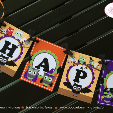 Halloween Owl Happy Birthday Banner Party Girl Boy Spooky Orange Purple Green Black Forest Animals Bat Boogie Bear Invitations Harlow Theme