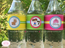 Load image into Gallery viewer, Pink Farm Birthday Party Bottle Wraps Wrappers Cover Label Barn Girl Animals Petting Zoo Cow Horse Pig Boogie Bear Invitations Shirley Theme