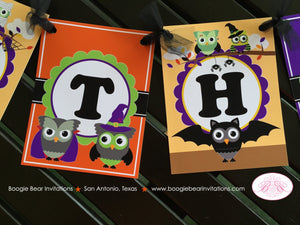 Halloween Owl Happy Birthday Banner Party Girl Boy Spooky Orange Purple Green Black Forest Animals Bat Boogie Bear Invitations Harlow Theme