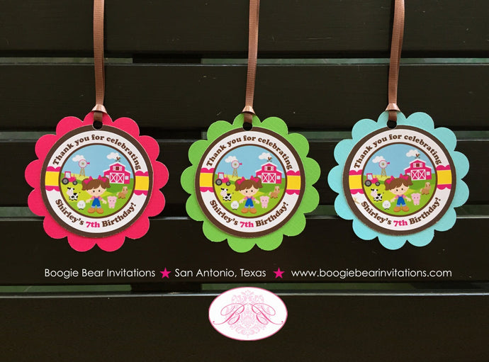 Pink Farm Birthday Party Favor Tags Animals Girl Barn Blue Green Tractor Country Petting Zoo Tractor Boogie Bear Invitations Shirley Theme