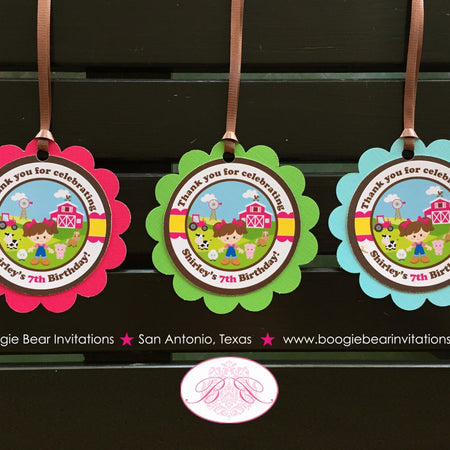Pink Farm Birthday Party Favor Tags Animals Girl Barn Blue Green Tractor Country Petting Zoo Tractor Boogie Bear Invitations Shirley Theme