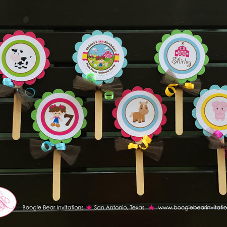 Pink Farm Birthday Party Cupcake Toppers Girl Animals Barn Horse Tractor Country Petting Zoo Outdoor Boogie Bear Invitations Shirley Theme