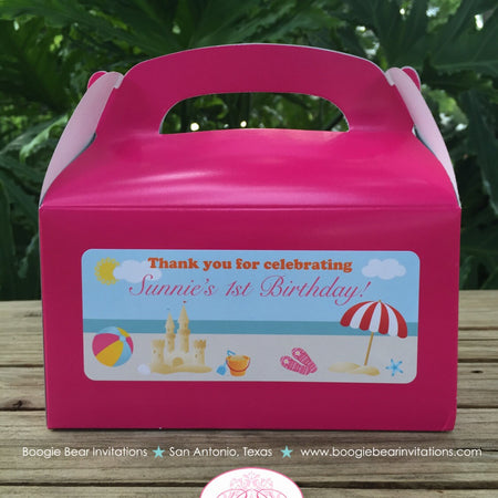 Beach Pink Birthday Party Treat Boxes Favor Tags Swimming Girl Pool Swim Ocean Island Luau Sandcastle Boogie Bear Invitations Sunnie Theme