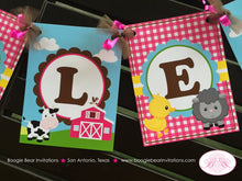 Load image into Gallery viewer, Pink Farm Birthday Party Banner Name Petting Zoo Animals Tractor Barn Girl Horse Pig Cow Sheep Duck Boogie Bear Invitations Shirley Theme