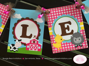 Pink Farm Birthday Party Banner Name Petting Zoo Animals Tractor Barn Girl Horse Pig Cow Sheep Duck Boogie Bear Invitations Shirley Theme